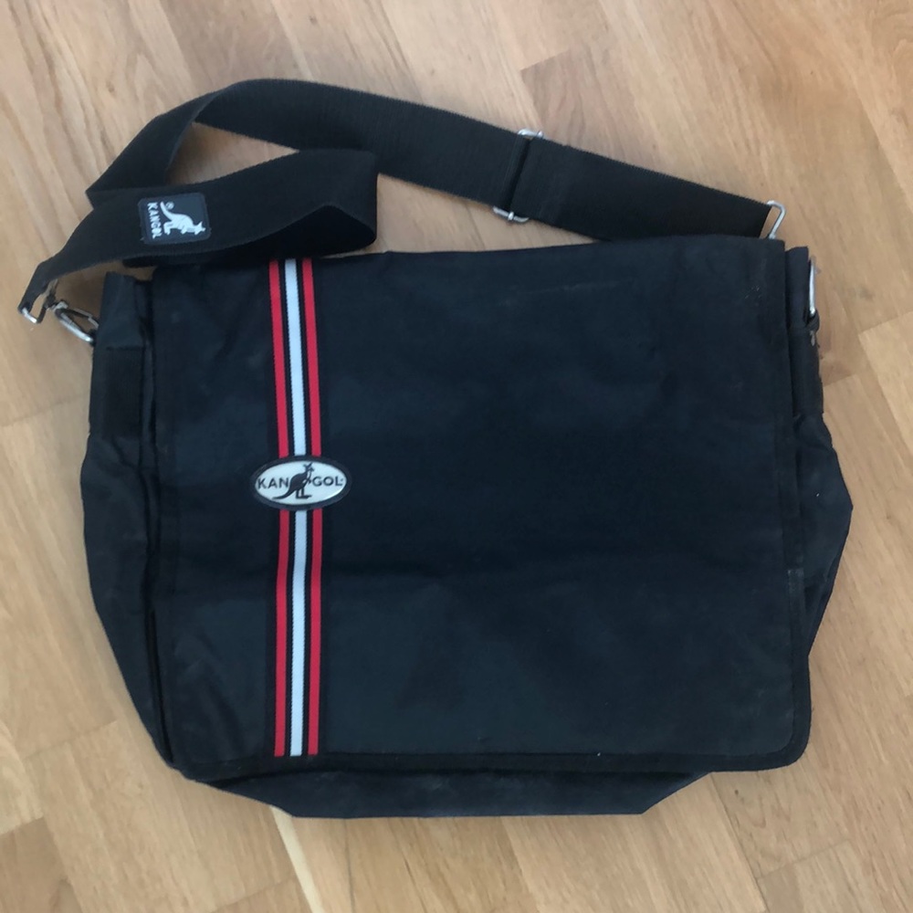 Kangol Black Messenger Bag with Red and White Stripes